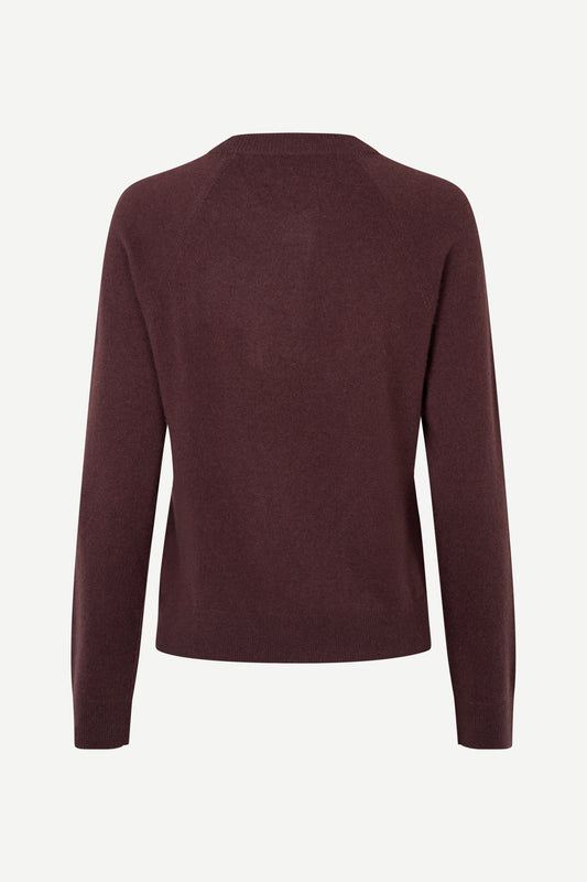 round neck cashmere jumper with long sleeves in a dark burgundy from samsoe samsoe rear view