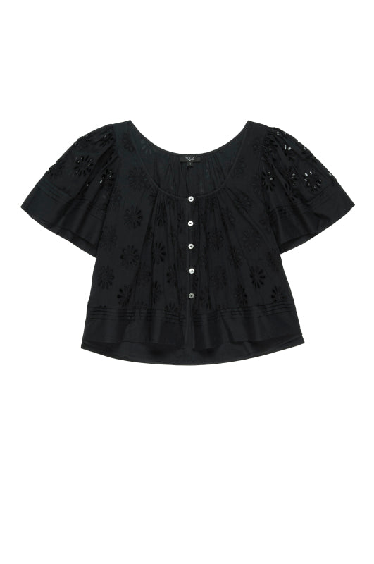 Daisy style broderie anglais top in black with short sleeves and a scoop neck