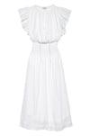 white midi dress with lace inserts and ruched waistline