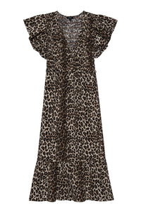 Animal print midi dress with bodice ruching and short capped sleeves with ruffle hem