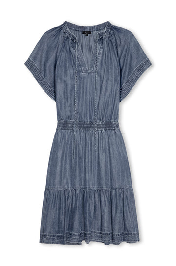 short v neck blue denim dress with shirred waist from rails
