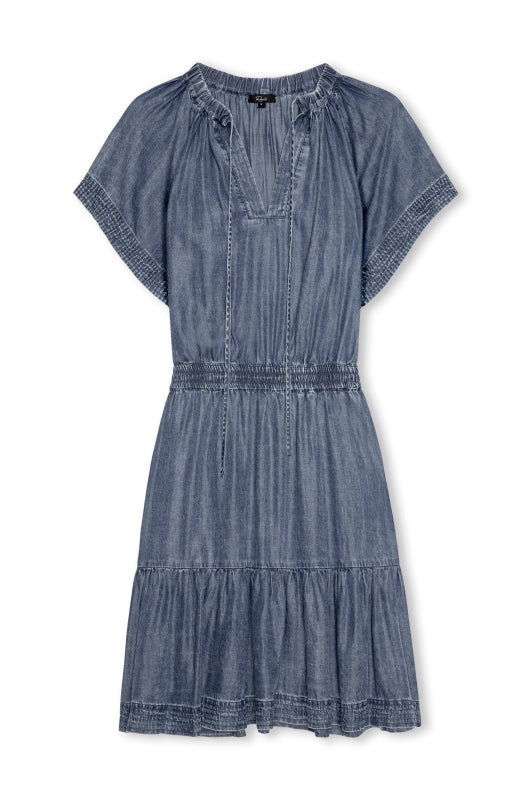 short v neck blue denim dress with shirred waist from rails