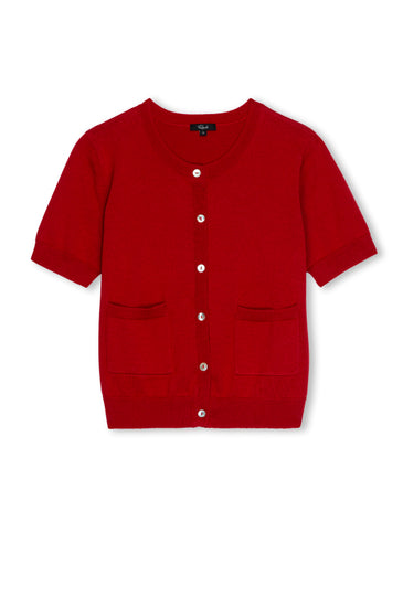 round neck short sleeve crimson red cardigan with white buttons and 2 front pockets