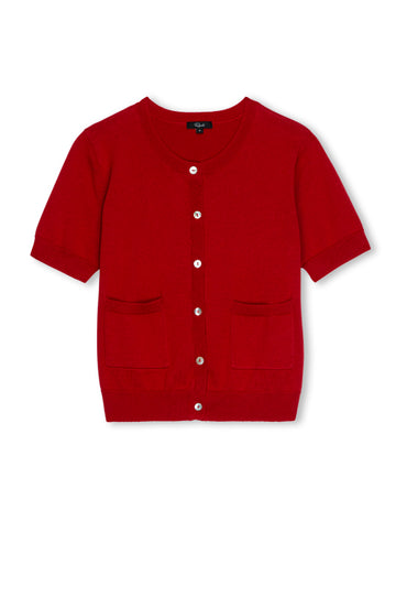 round neck short sleeve crimson red cardigan with white buttons and 2 front pockets