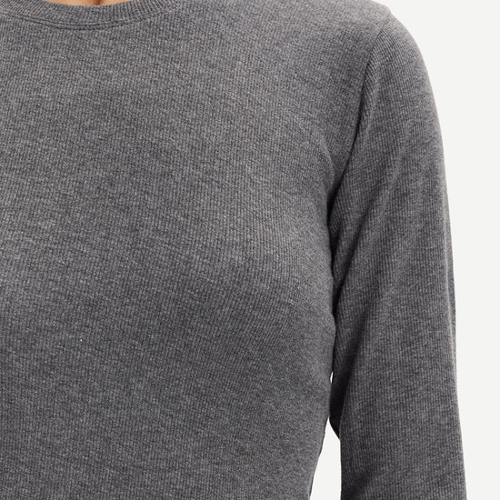 round neck ribbed long sleeves cotton top in dark grey from samsoe samsoe close up