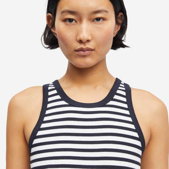 navy stripe tank with round neck and sleeveless, racerback close up