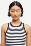 navy stripe tank with round neck and sleeveless, racerback close up