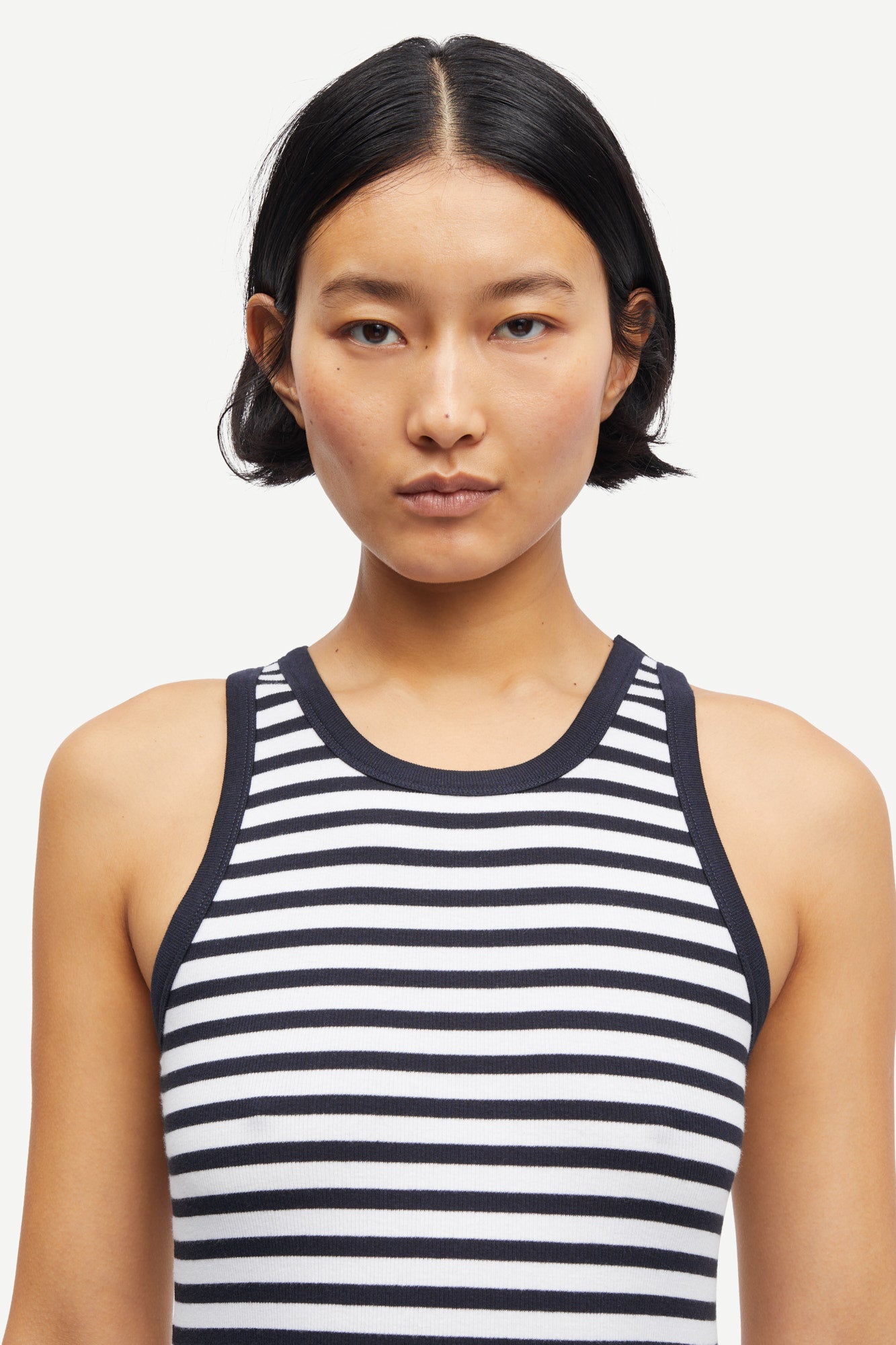 navy stripe tank with round neck and sleeveless, racerback close up