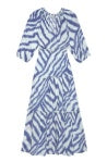 Blue and white striped tie dye effect maxi tiered dress with notch neck and ruched waistline with ruffle details throughout