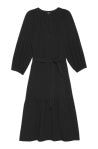 Black midi dress with self tie fabric belt and notch neck with dropped shoulders and elasticated cuffs