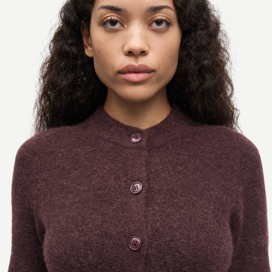 short sleeve dark burgundy wool mix cardigan with burgundy buttons from samsoe samsoe close up