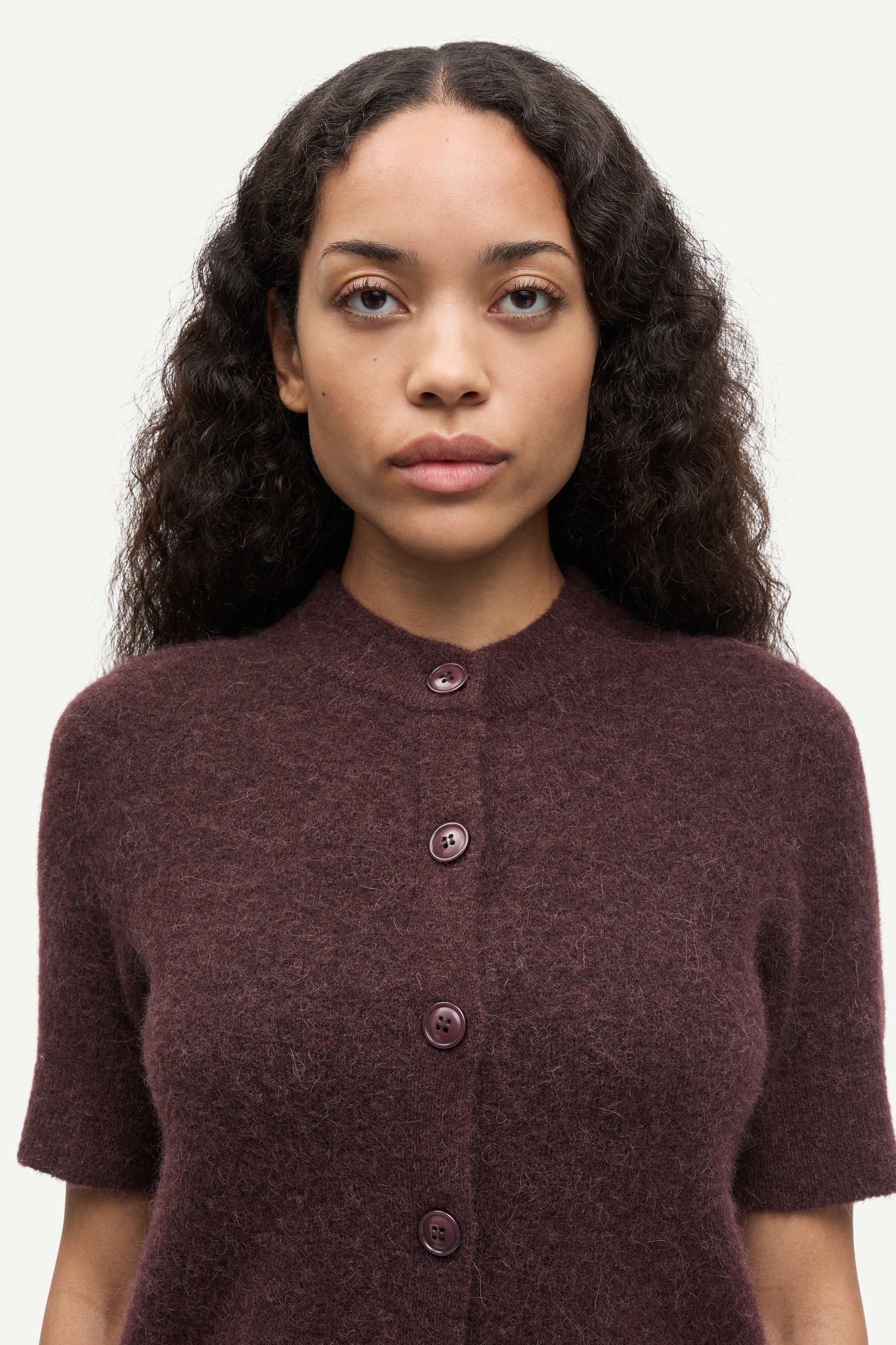 short sleeve dark burgundy wool mix cardigan with burgundy buttons from samsoe samsoe close up