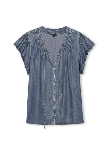short sleeve v neck blue top with button down from rails