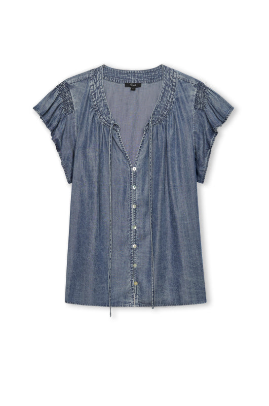 short sleeve v neck blue top with button down from rails