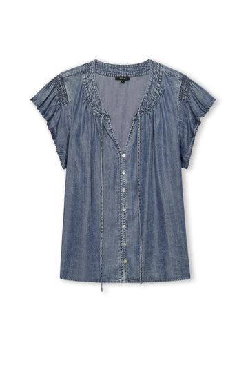 short sleeve v neck blue top with button down from rails