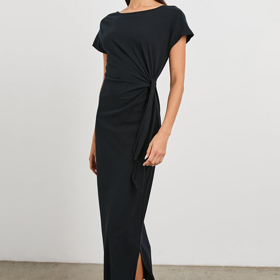 round neck short sleeve rouched waist mid length black dress from rails model shot