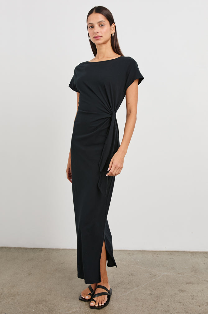 round neck short sleeve rouched waist mid length black dress from rails model shot