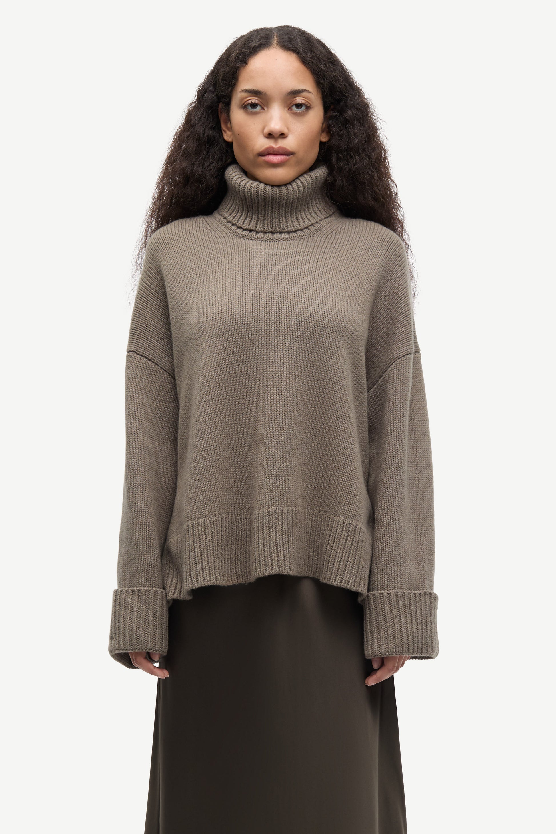 khaki green chunky roll neck jumper with ribbed neck, cuffs and hemline from samsoe samsoe