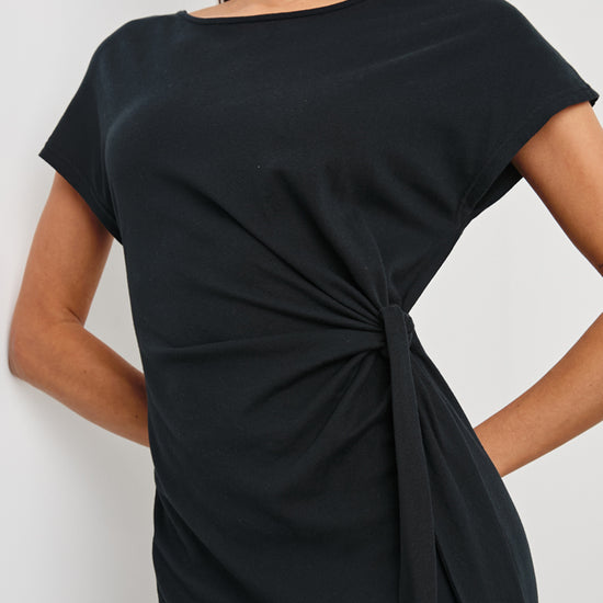 round neck short sleeve rouched waist mid length black dress from rails close up