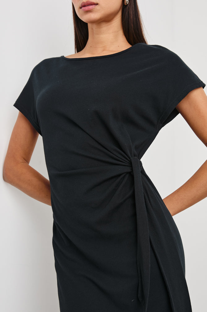 round neck short sleeve rouched waist mid length black dress from rails close up