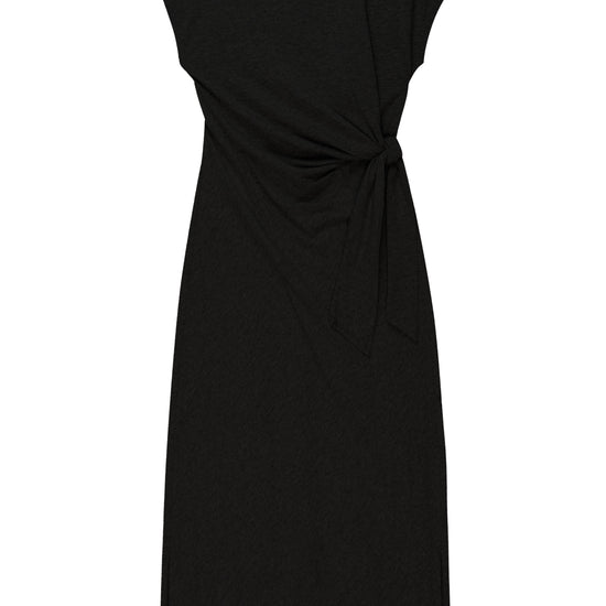 round neck short sleeve rouched waist mid length black dress from rails 