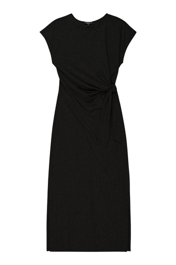round neck short sleeve rouched waist mid length black dress from rails 
