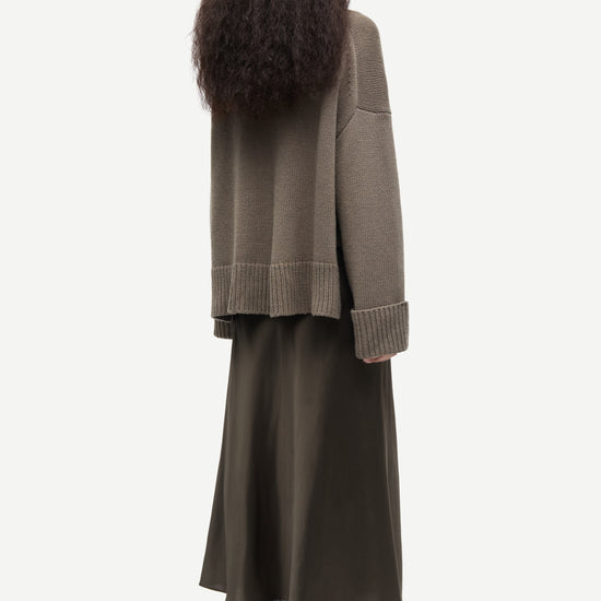 khaki green chunky roll neck jumper with ribbed neck, cuffs and hemline from samsoe samsoe rear view