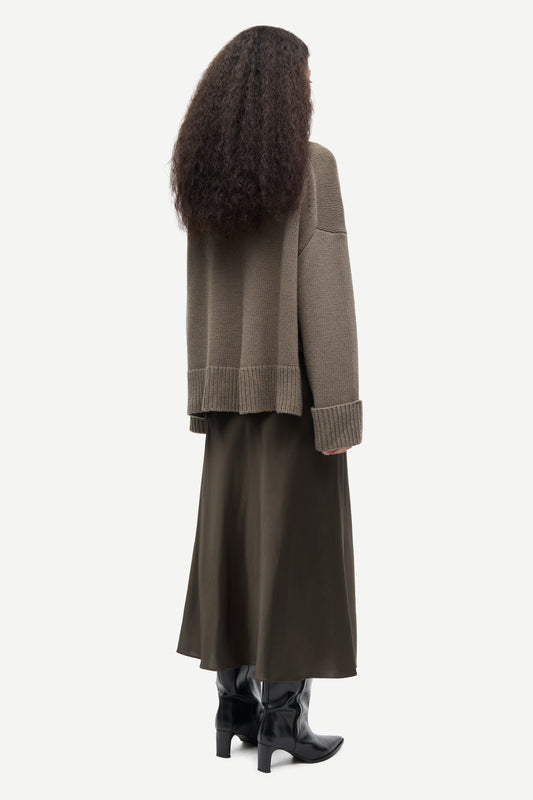 khaki green chunky roll neck jumper with ribbed neck, cuffs and hemline from samsoe samsoe rear view