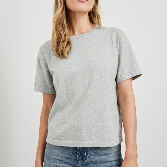 grey short sleeve cotton/cashmere mix top with round neck model shot