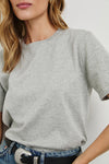 grey short sleeve cotton/cashmere mix top with round neck close up
