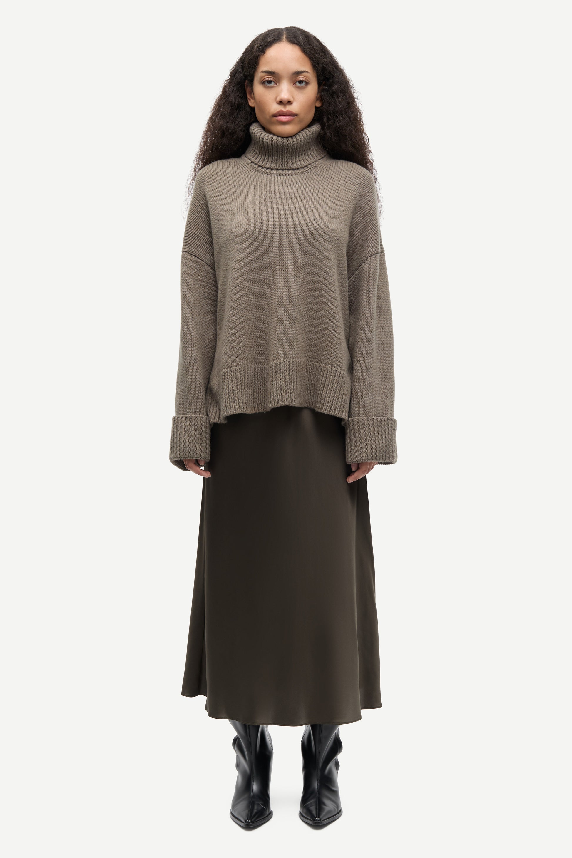 khaki green chunky roll neck jumper with ribbed neck, cuffs and hemline from samsoe samsoe model shot