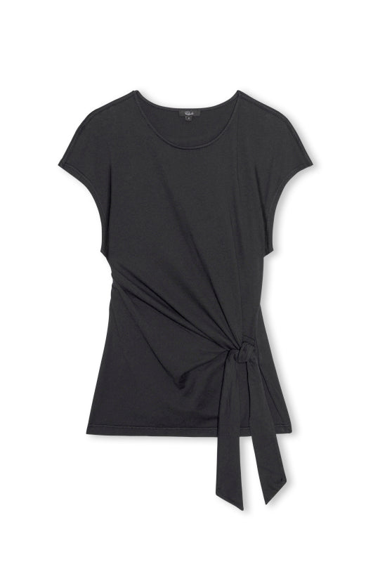 round neck short sleeve black top with rouched waist with tie from rails