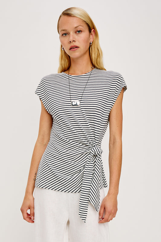 round neck short sleeve white and navy stripe top with rouched waist with tie from rails model