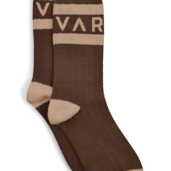 brown and bronze coloured varley logo sock