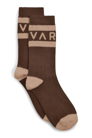 brown and bronze coloured varley logo sock