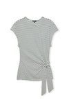 round neck short sleeve white and navy stripe top with rouched waist with tie from rails