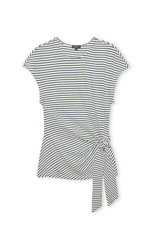 round neck short sleeve white and navy stripe top with rouched waist with tie from rails