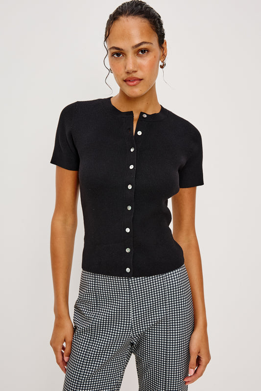 short sleeve round neck button down black top from rails model shot
