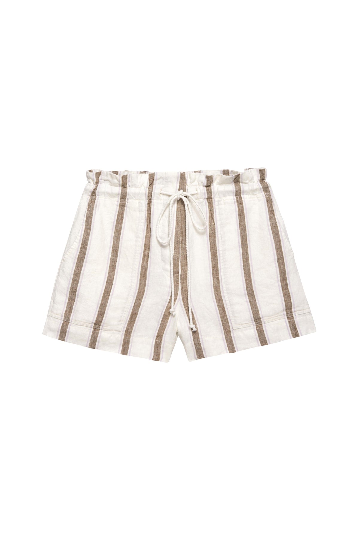 White and brown striped shorts with paper bag waist and tie 