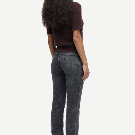 short sleeve dark burgundy wool mix cardigan with burgundy buttons from samsoe samsoe rear view