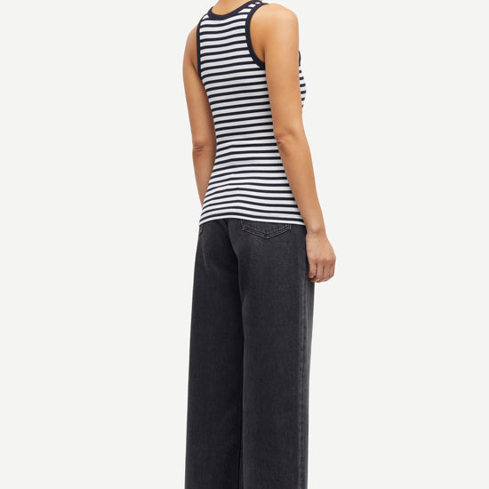 navy stripe tank with round neck and sleeveless, racerback rear view