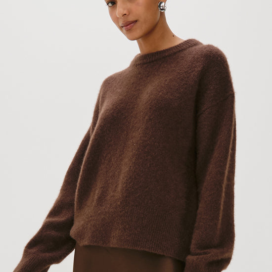 chocolate brown round neck relaxed fit cashmere mix jumper with rib detailing model shot