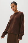 chocolate brown round neck relaxed fit cashmere mix jumper with rib detailing model shot