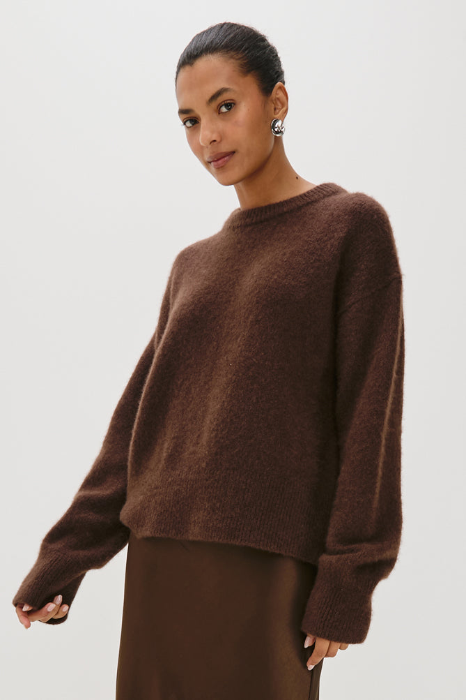 chocolate brown round neck relaxed fit cashmere mix jumper with rib detailing model shot