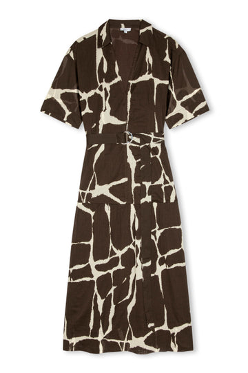 short sleeve v neck  brown print dress with belt from rails