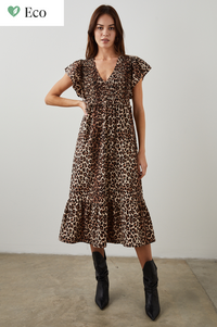 Animal print midi dress with bodice ruching and short capped sleeves with ruffle hem