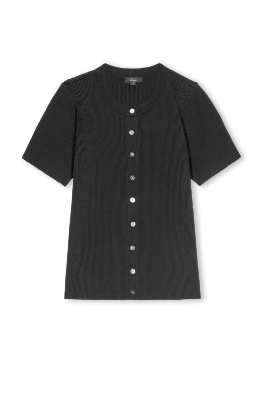 short sleeve round neck button down black top from rails