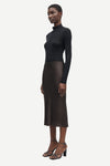 Short mid length satin slip skirt in chocolate brown from samsoe samsoe side view