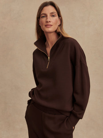 brown half zip high neck jumper with zip detailing