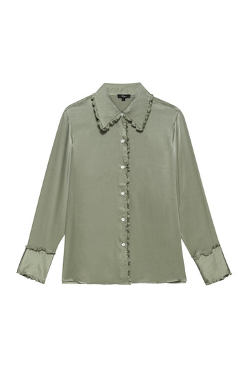 Sage green silk shirt with a frill detail collar and cuff detail